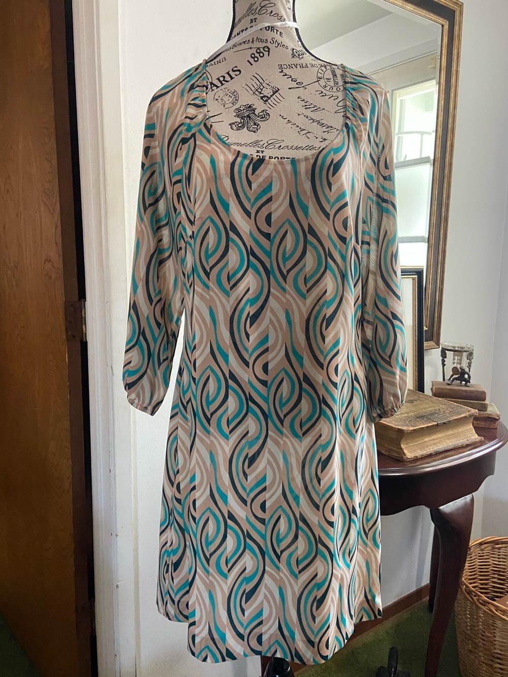 Women’s Teal and Beige Patterned Midi Dress